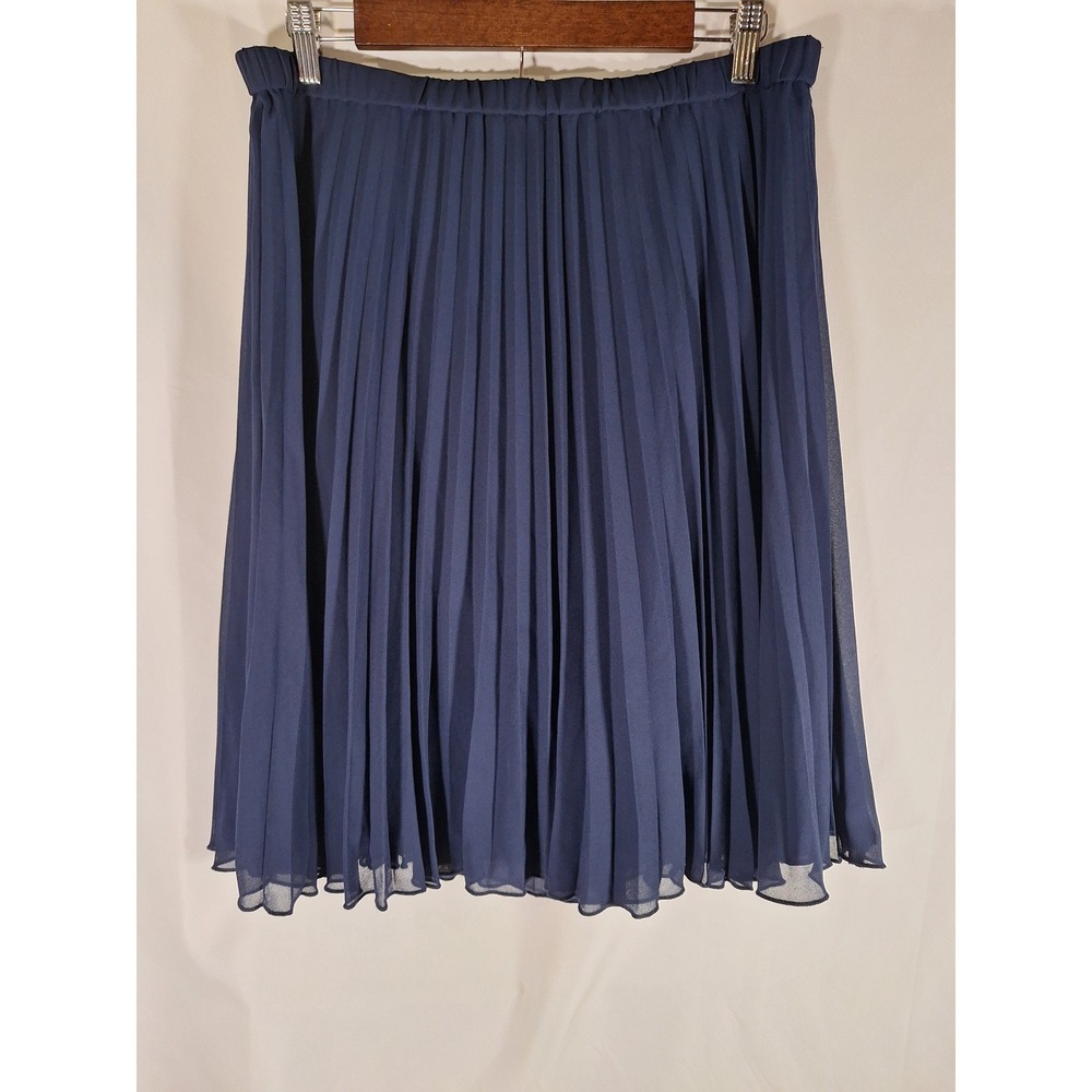 Anne Klein Navy Blue Pleated Midi Skirt Elastic Waist Chiffon Career Size L